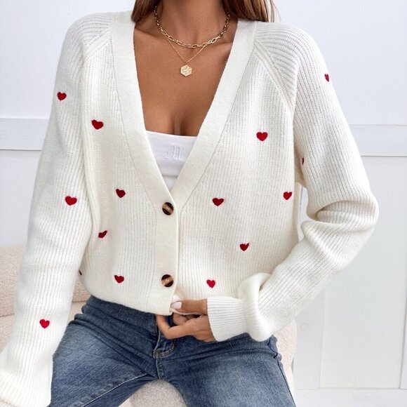 Beige Casual Women's Heart Embroidery Button Front Cardigan - Picture 4 of 6